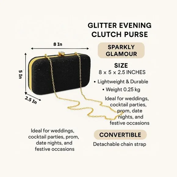 Bronze Glitter Evening Clutch Purse - Sparkly Hardcase Handbag with Chain Strap